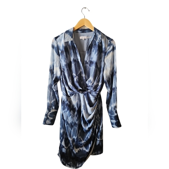 Calvin Klein blue watercolor faux wrap shirt dress sz medium - Picture 6 of 8